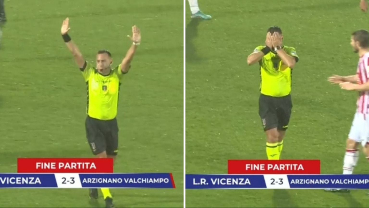 Reagimi ekip i gjyqtarit Italian kur e kupton se e përfundoi ndeshjen një minutë më herët
