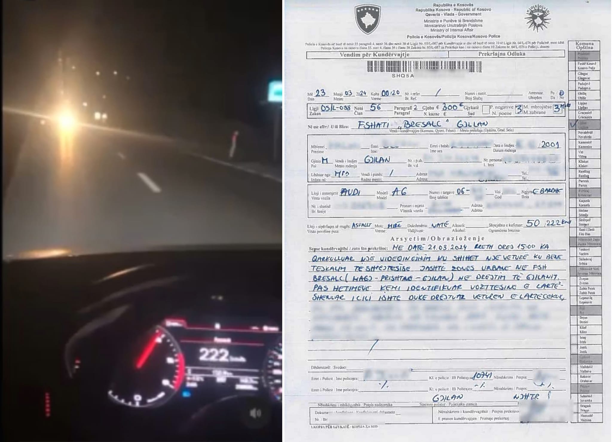 Publikoi video duke vozitur 222 km/h, shoferi dënohet me 300 euro gjobë dhe i merret patentë shoferi