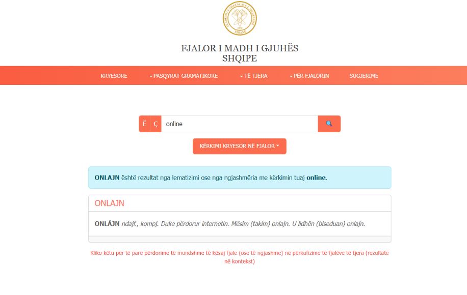 Fjala “Onlajn” hyn në fjalorin e Gjuhës Shqipe